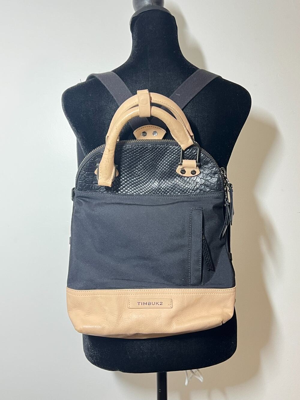 Timbuk2 Black/Tan Leather Femme Satchel Backpack Demi Purse Bag Commute Travel